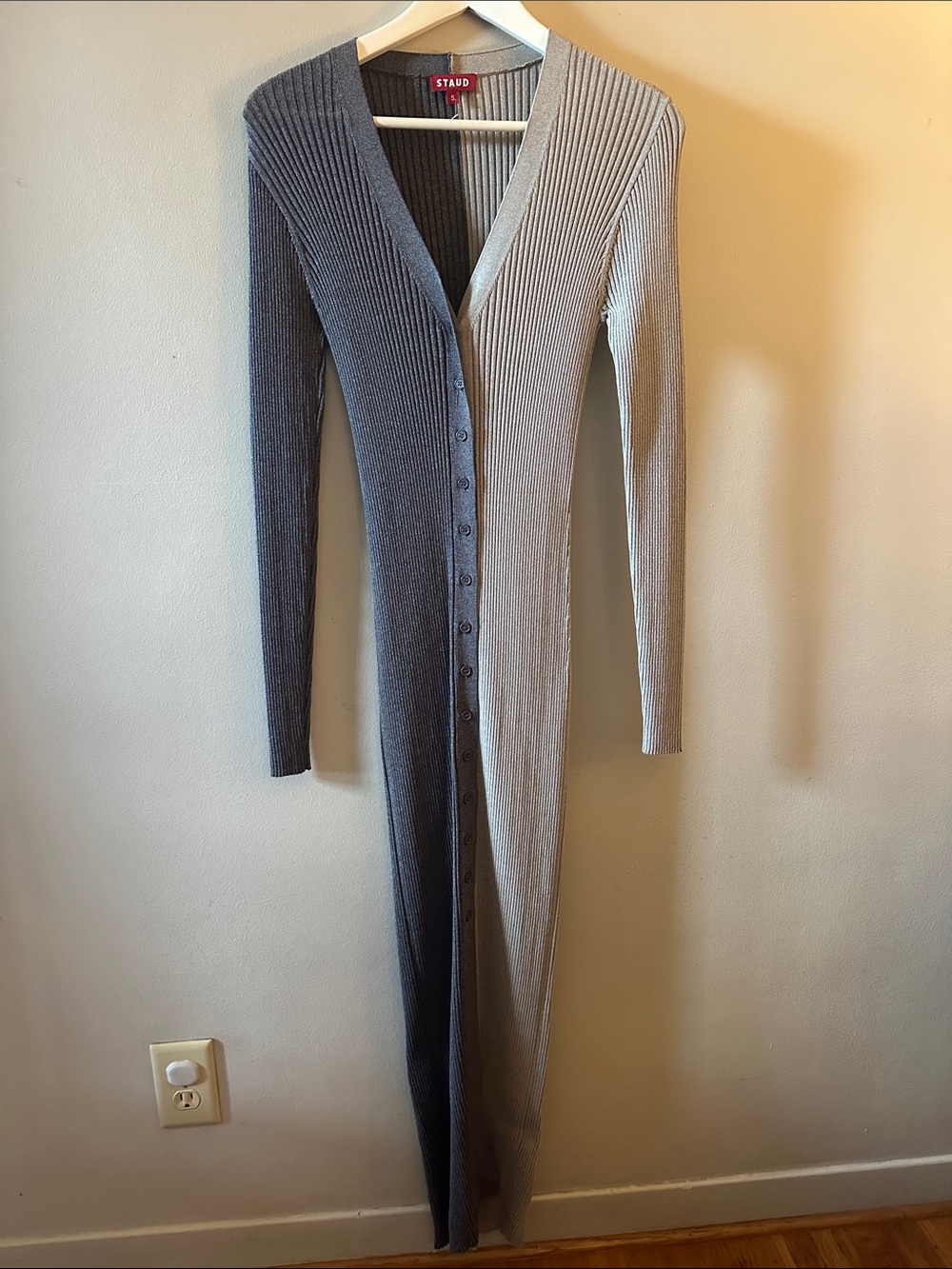 STAUD Two-Tone Ribbed Maxi Cardigan in Gray and Beige